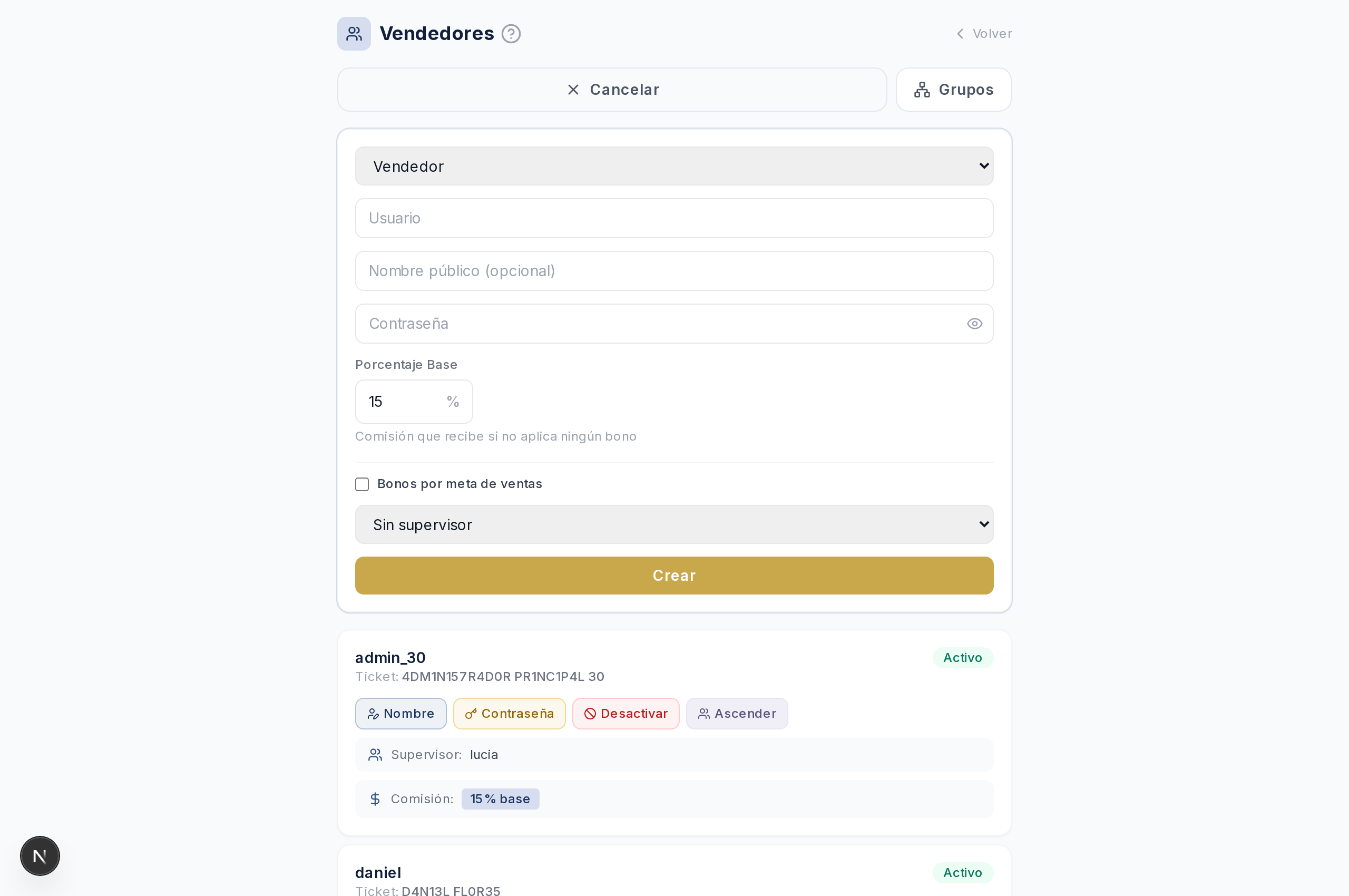 Pantalla de usuarios del administrador