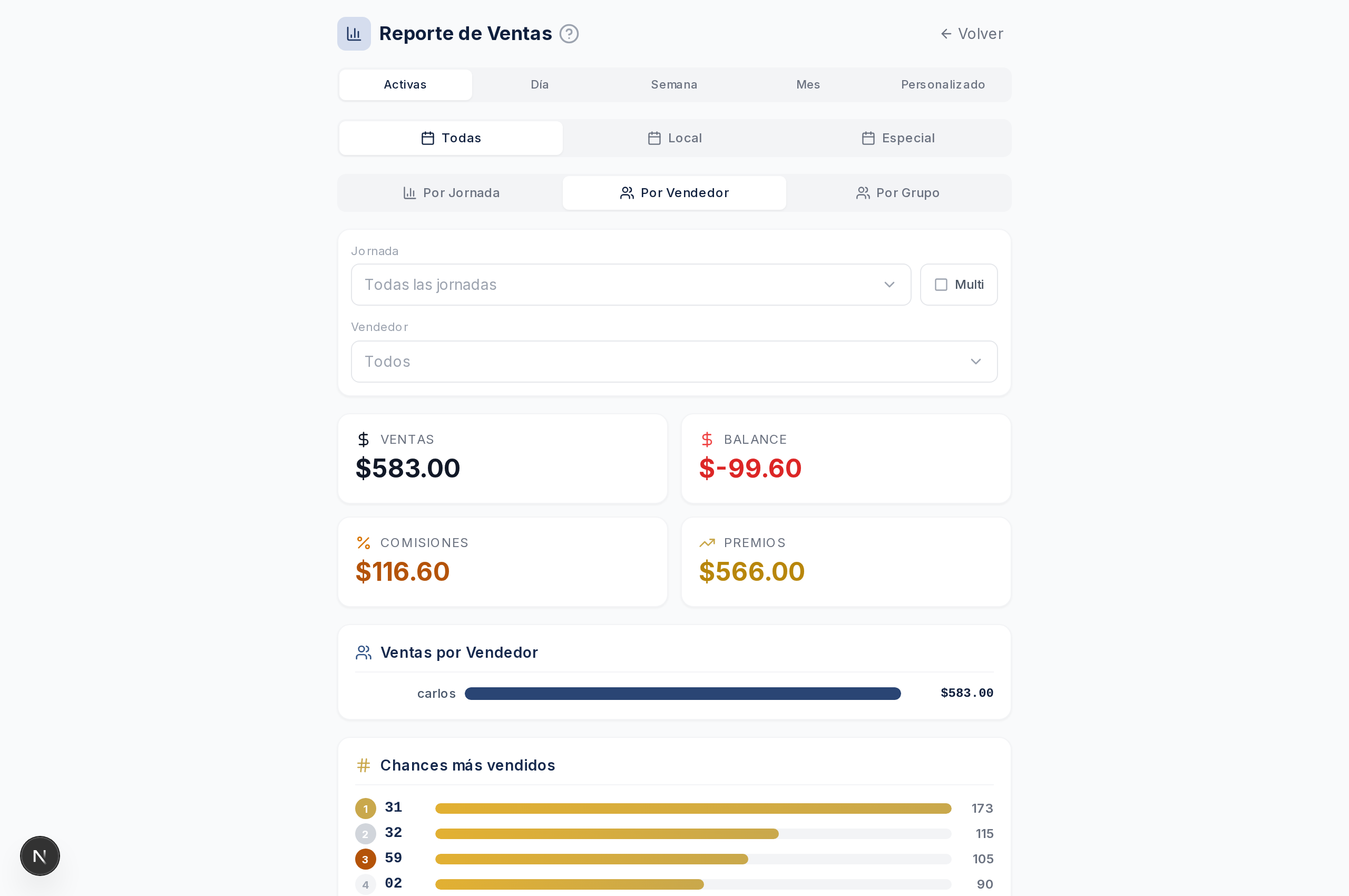 Filtros del reporte de ventas
