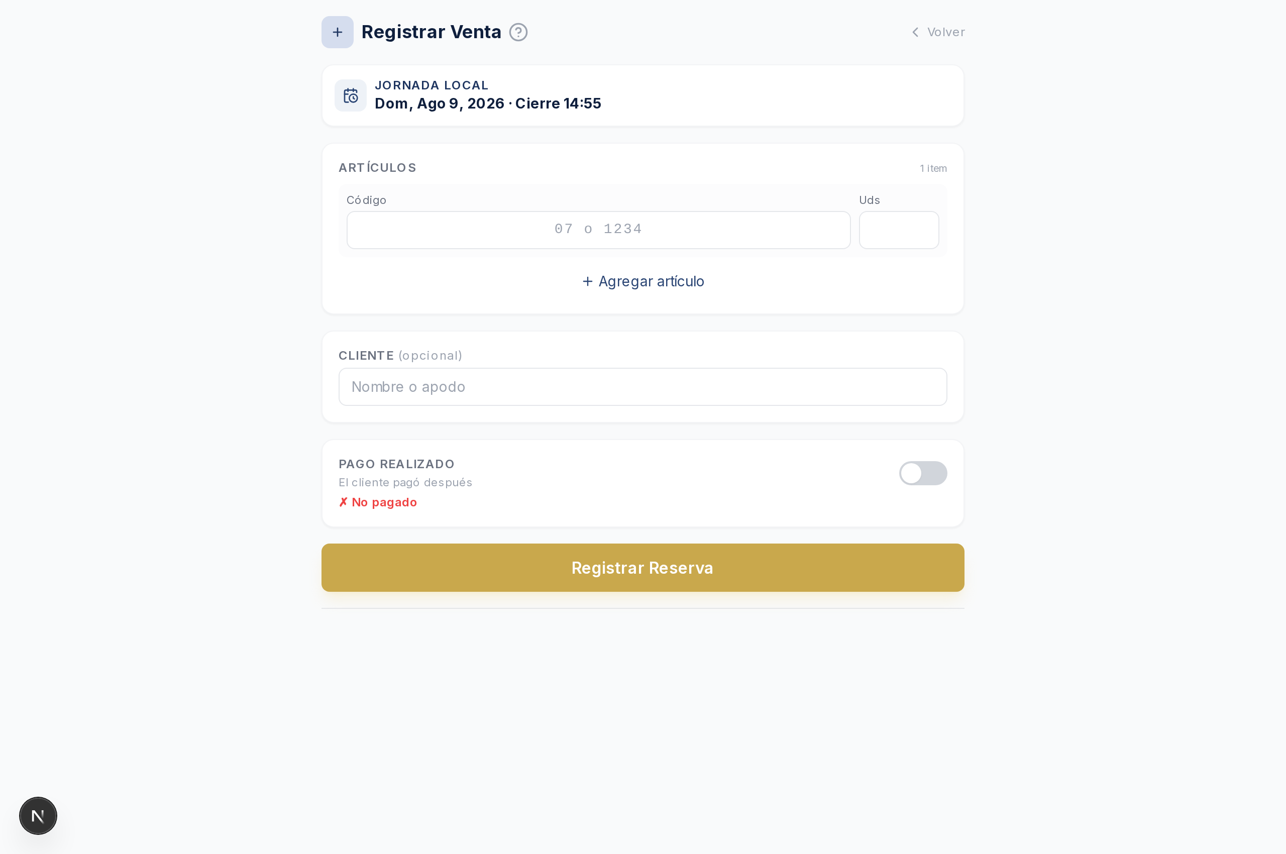 Registro de venta con reserva (no pagado)